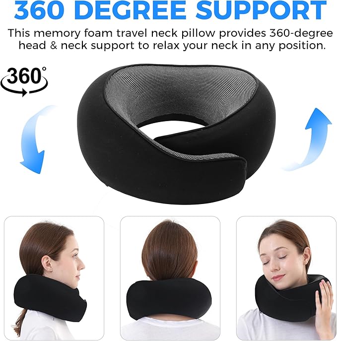 Travel Pillow,Travel Neck Pillows for Airplanes,Comfortable Breathable Cover,Memory Foam 360 Degree Support Stowable Pillows,Ideal Accessory for Sleeping Offices and Cars(Pure Black)