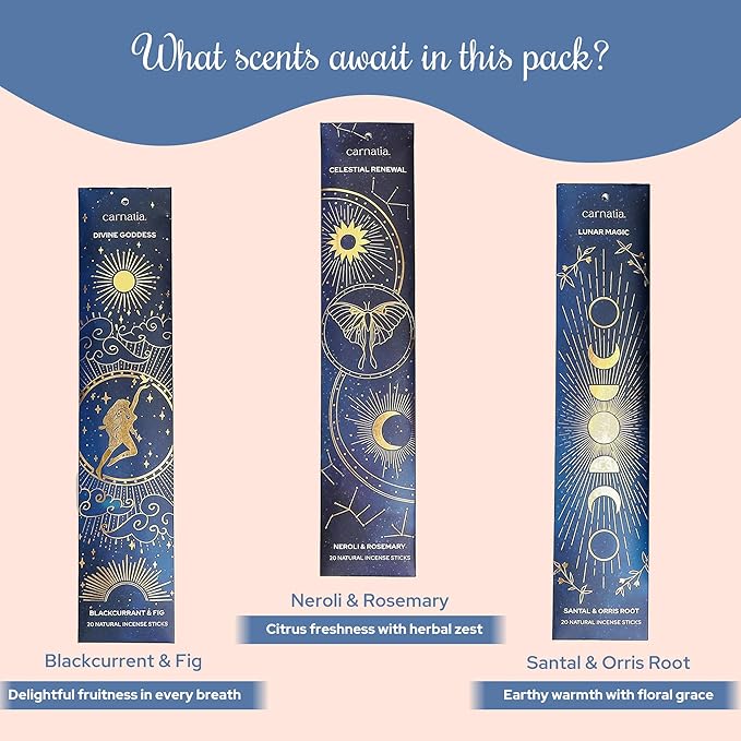 Carnatia Starry Spell Incense Sticks – Set of 6 Mystical Scents, 120 Premium Sticks for Creativity, Focus, Manifestation & Meditation | Natural, Slow-Burning for Spiritual Rituals & Self-Care!