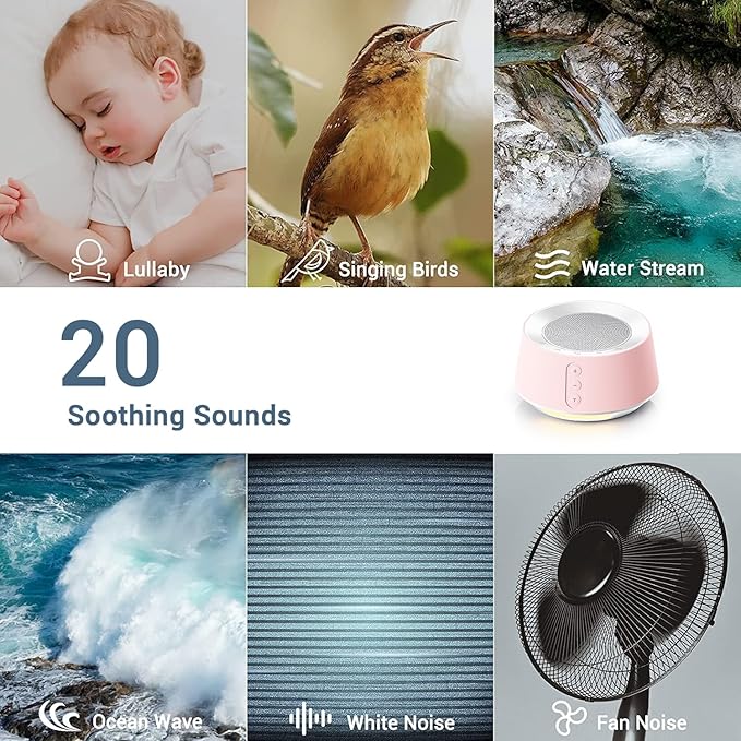 BGOVERSS White Noise Sound Machine with 20 Soothing Sounds, 10 Colors Night Light Sleep Machines Home Office Travel, 5 Timers and Memory Feature Sound Machine for Nursery Baby Kids Adults, Pink