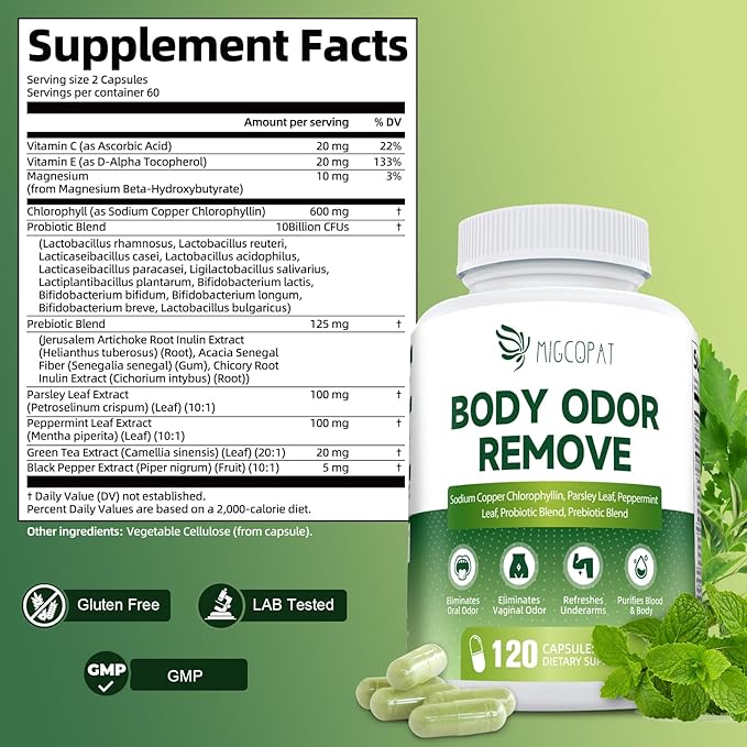 Chlorophyll Body Deodorizing Supplement with 10 Billion CFU Probiotic, Vitamin C & E, Parsley, Peppermint, Green Tea, Prebiotics, Chlorophyll Capsules Supports Breath & Whole-Body Freshness, 120 Caps