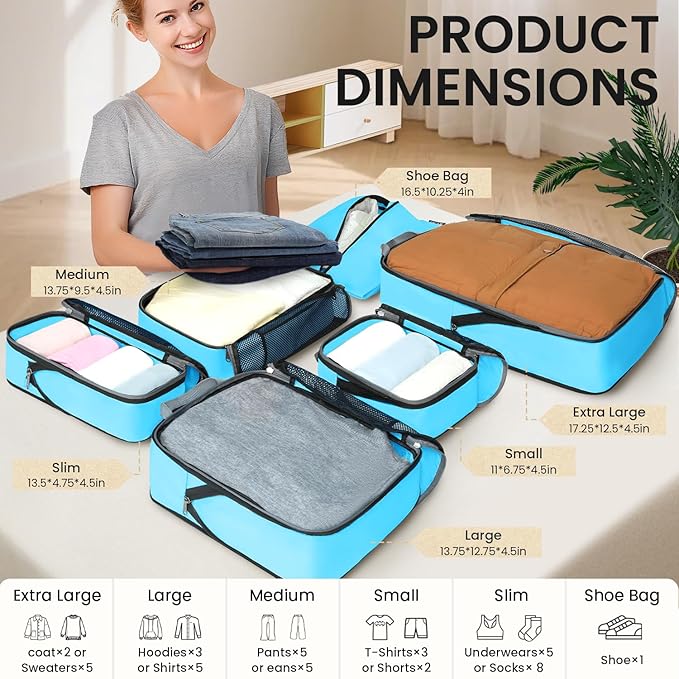 BAGAIL 4 Set/6 Set/8 Set Compression Packing Cubes Travel Accessories Expandable Packing Organizers (Half Mesh, 6-Blue)