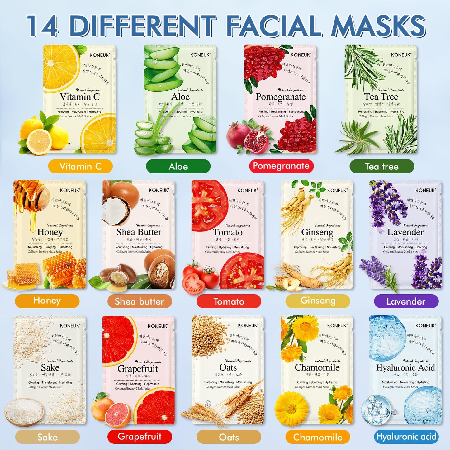 KONEUK 14 Pack Sheet Face Masks Skincare, Hydrating Face Masks Suitable for Dry Skin, Bulk Facial Mask Set for Women Skin Care, Face Mask Gifts Set for Face Spa