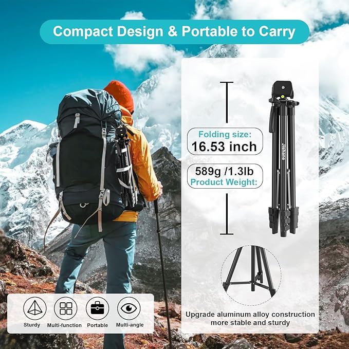 71" Camera Tripod, Versatile Cell Phone Tripod with Wireless Remote Phone Holder and Carry Bag, Lightweight Portable Camera Tripod Stand Compatible with Smartphone Cameras, Max Load 6.6 lbs