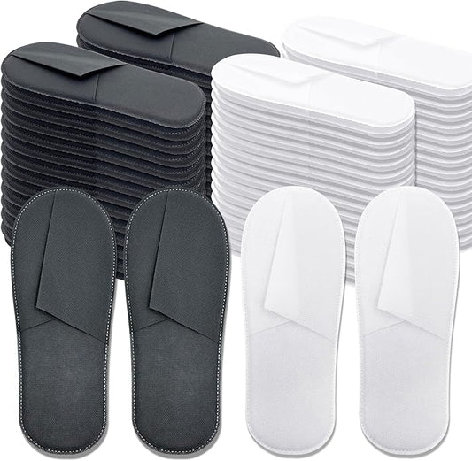 50 Pairs Disposable Slippers Bulk – 25 White & 25 Gray Disposable Slipper for Guests, Hotel Spa Guest Slippers Closed‑Toe for Travel Home