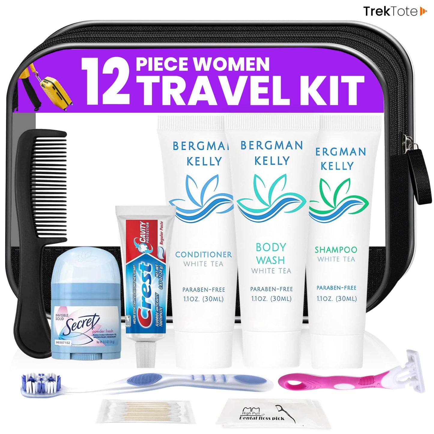 Trektote Travel Toiletry Kit For Women – 12 Piece Set Of Travel Size Toiletries, TSA Compliant, Travel Essentials, Includes Shampoo And Conditioner, Body Wash, Toiletry Bag & More