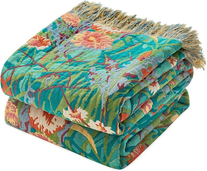 Boho Throw Blanket for Couch Sofa Chair Cotton Blankets for Bedroom Living Room All Season Soft Lightweight Reversible Floral Embroidery Throws 50"x60"