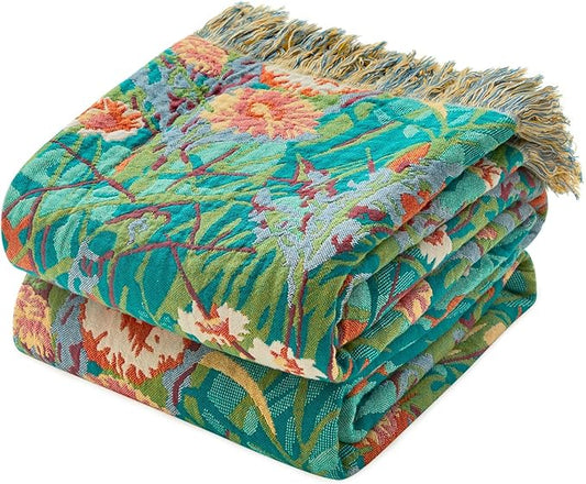 Boho Throw Blanket for Couch Sofa Chair Cotton Blankets for Bedroom Living Room All Season Soft Lightweight Reversible Floral Embroidery Throws 50"x60"