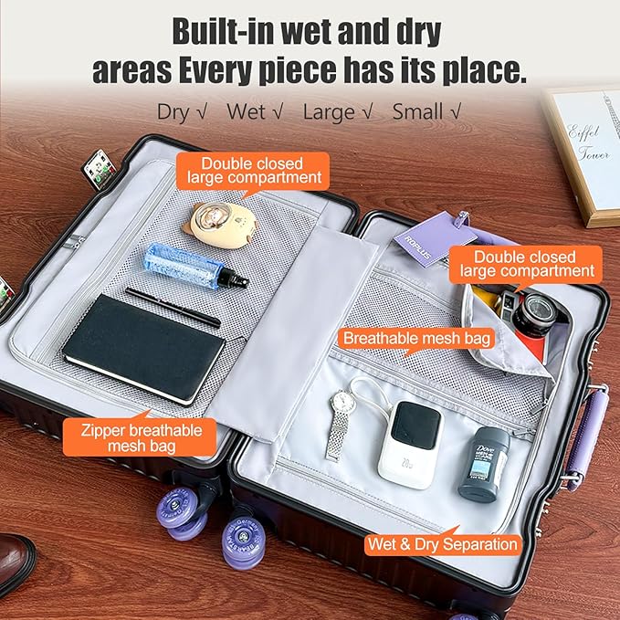 Aluminium Frame Carry on Luggage with Smooth Jelly Wheels, Hardside Zipperless Rolling Suitcase with TSA Lock (BlackPurple, 21-Inch)