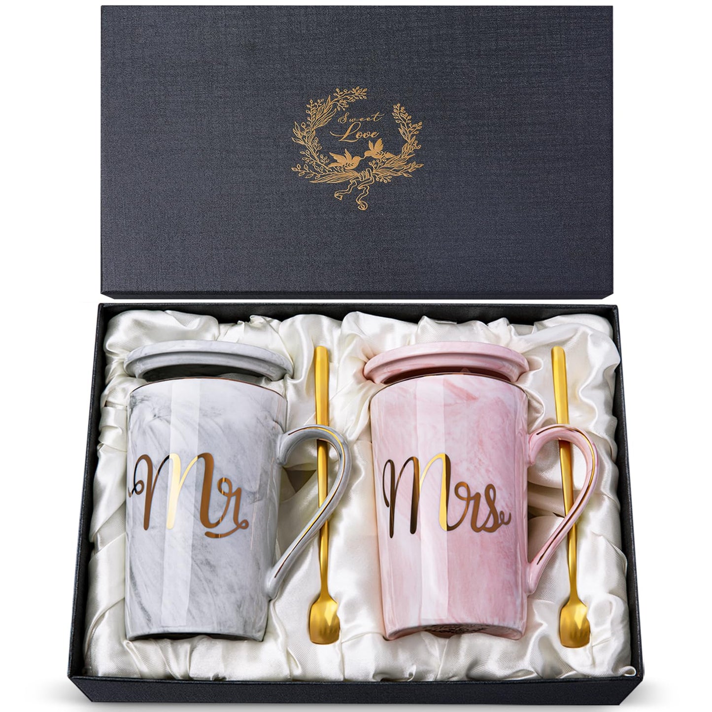 Biching Wedding Gifts for Couples 2025, Couple Gift for Anniversary - 14oz Ceramic Marble Mr and Mrs Mugs Set, Present for Bridal Shower Engagement Bride and Groom, with Greeting Card, Luxury Gift Box