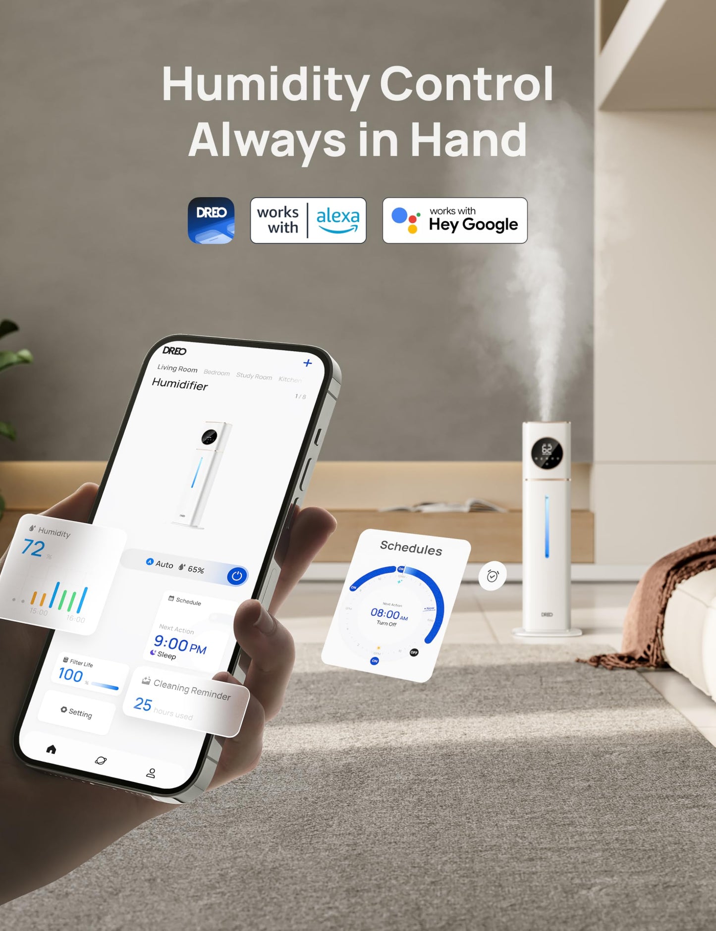 Dreo HM735S 11L Smart Humidifier Large Room 700 ft², 100H Cool Mist Air Humidifiers for Bedroom, Top-Fill Self-Cleaning Tank, 26dB, Auto Mode, Aroma Box, RGB Light, Remote & APP Control, Baby, White