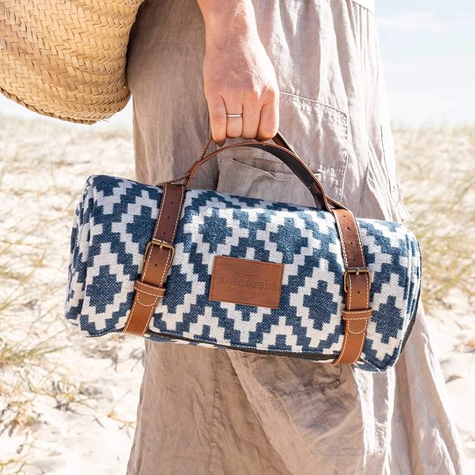 Komorebi Extra Large Picnic Blanket - 78” x 59” - Waterproof Outdoor Blanket, Foldable & Portable Sandproof Beach Blanket - Blue Travel Mat with Soft Cotton & Carry Handle