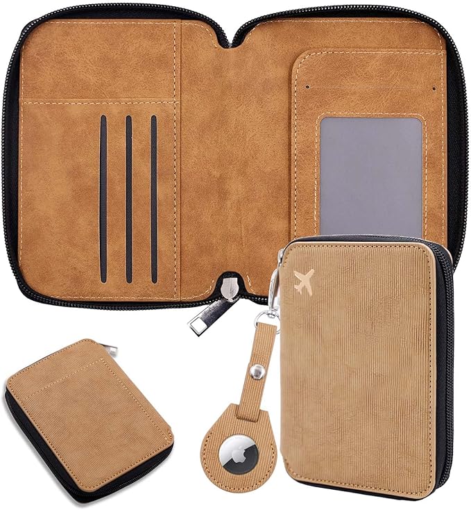Cnycmy Passport Holder With Airtag, RFID Wallet for Women, Waterproof PU Leather Travel Case With Slot (Brown3)