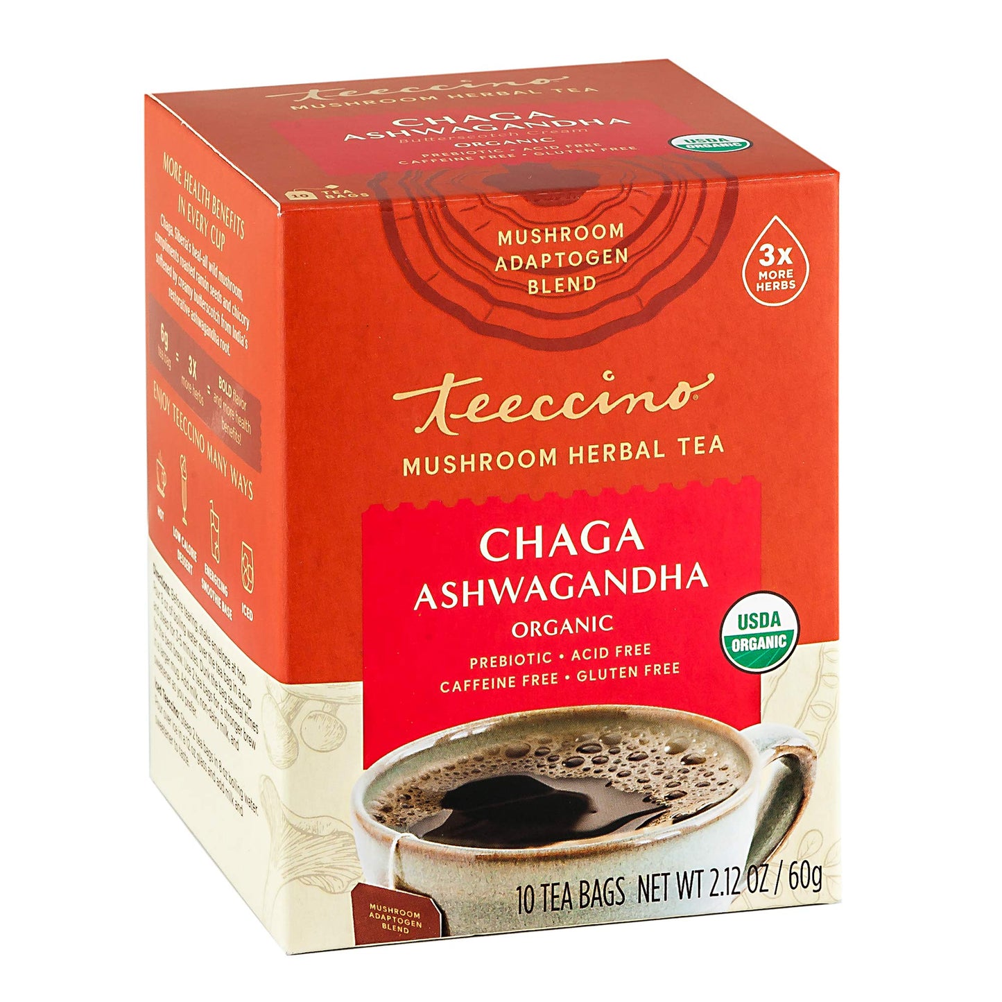Teeccino Chaga Ashwagandha Tea - Butterscotch Cream - Organic Mushroom Adaptogenic Herbal Tea, 3x More Herbs than Regular Tea Bags, Prebiotic, Caffeine Free, Gluten Free - 10 Tea Bags