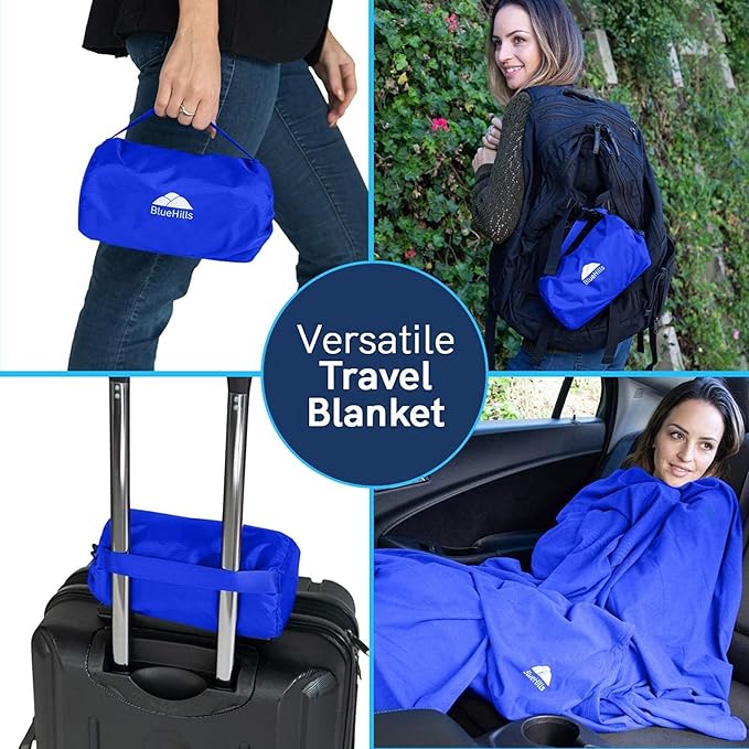BlueHills Ultra Compact Travel Blanket Pillow in Portable Bag Case Premium Cozy Soft Compact Pack Large Blanket for Airplane Flight Layover Blue - Royal C005