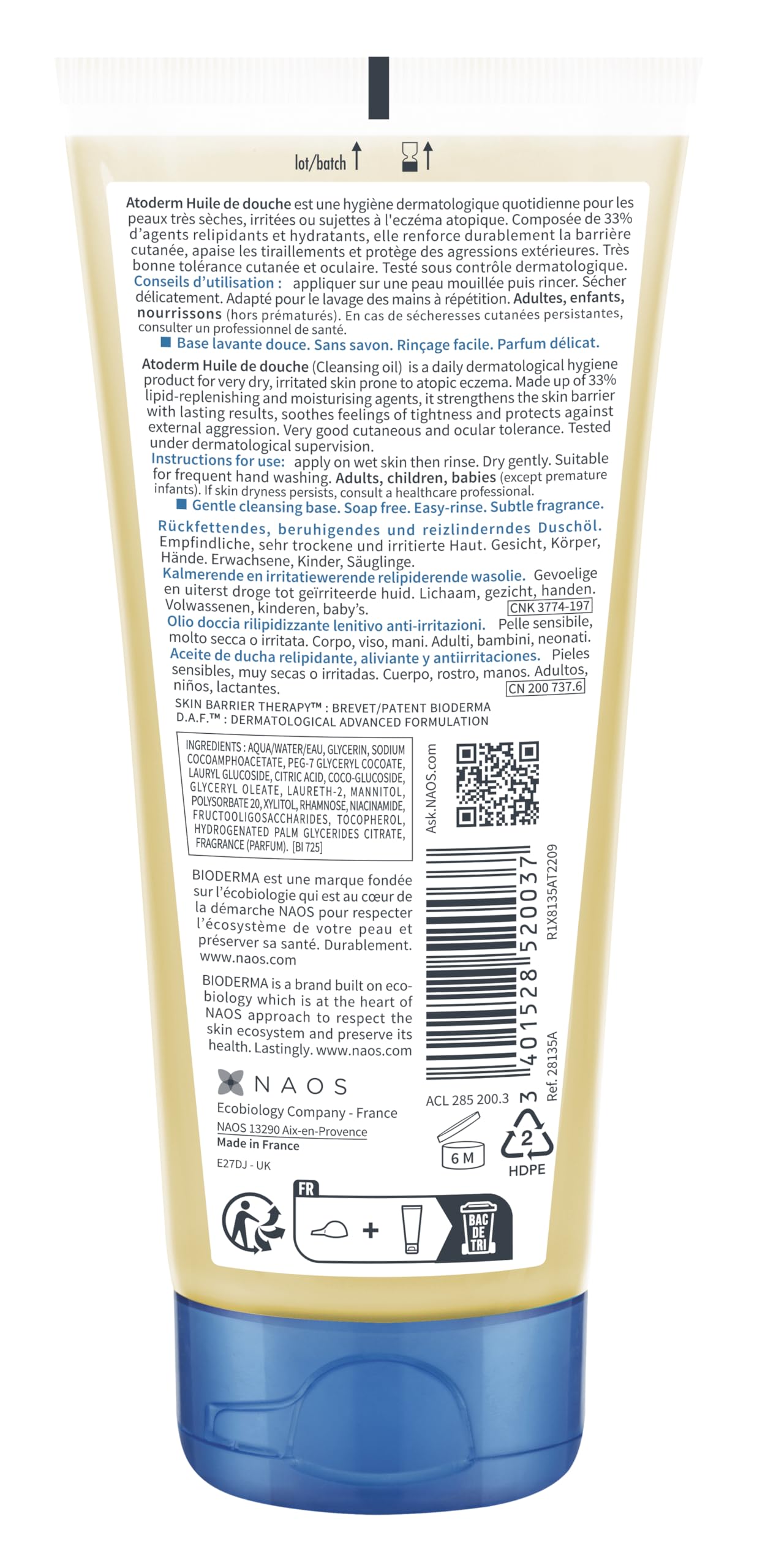 Bioderma - Atoderm - Shower Oil - Moisturizing and Nourishing Body and Face Wash - for Family with Very Dry Sensitive Skin 3.33 Fl Oz