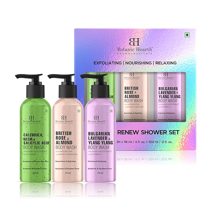 Botanic Hearth Relax And Renew Shower Set | Pack Of 3 Of Body Wash (British Rose,Lavender, Calendula Neem) 4 Fl Oz Each