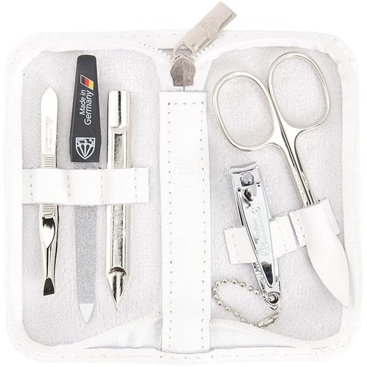 3 Swords Germany - brand quality 5 piece manicure pedicure grooming kit set for professional finger & toe nail care scissors clipper genuine leather white case in gift box, Made in Germany