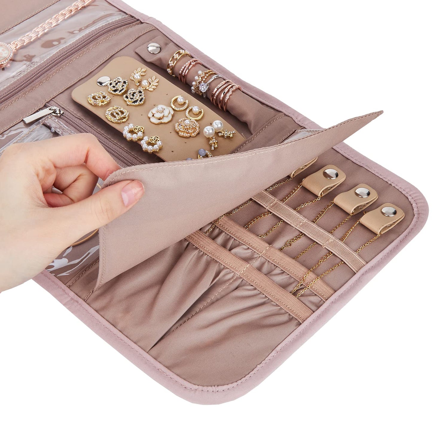 BELALIFE Travel Jewelry Case Organizer, Medium Foldable Storage Roll for Earrings, Necklaces, Rings, Bracelets, Brooches, Pink