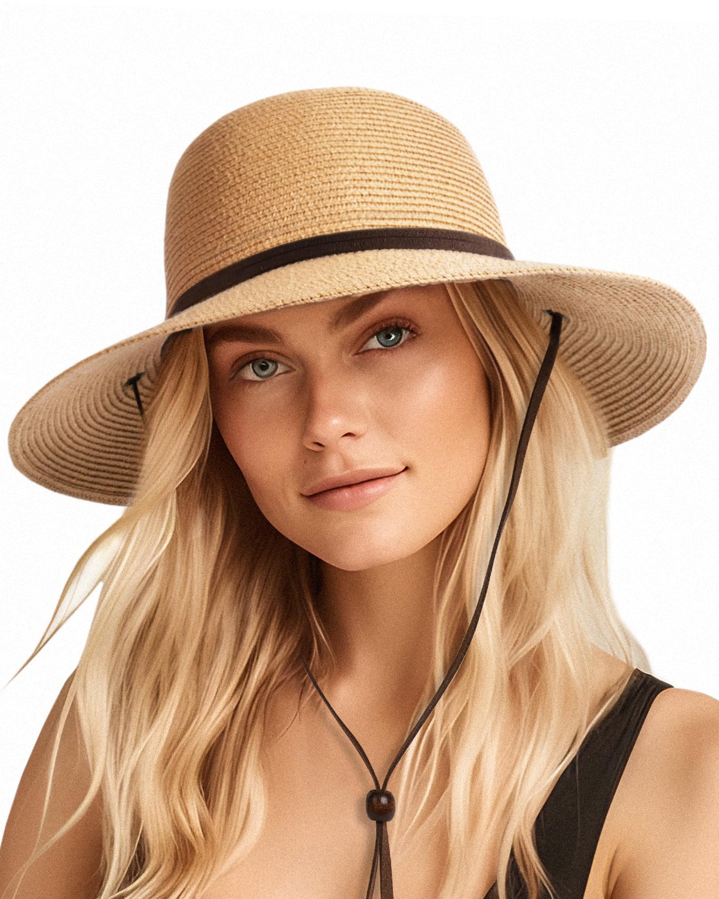 FURTALK Womens Wide Brim Sun Hat with Wind Lanyard UPF Summer Straw Sun Hats for Women Khaki