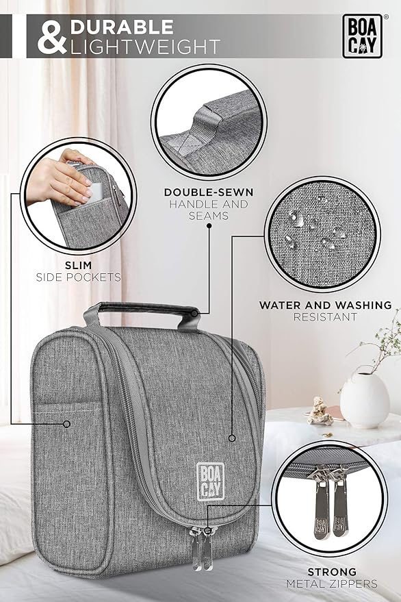BOACAY Small Hanging Travel Toiletry Bag for Women and Men, Makeup Bag, Bathroom & Shower Organizer Kit for Accessories, Cosmetics, Travel Essentials
