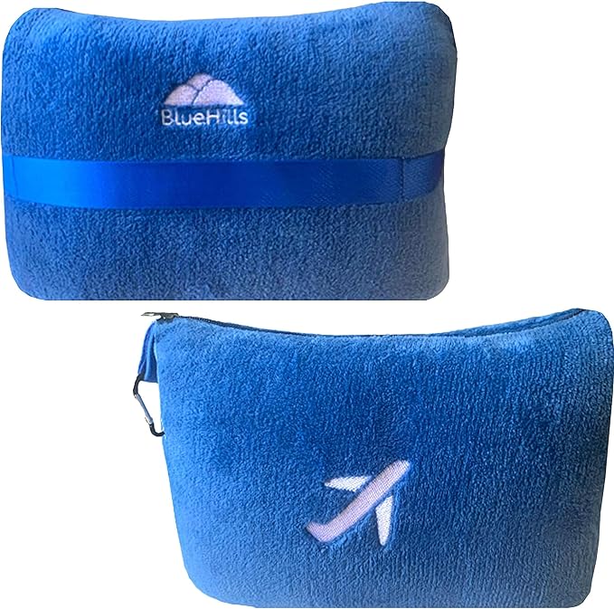 BlueHills Travel Blanket Pillow in Mini Soft Case Premium Plush Airplane Blanket in Soft Bag Compact Pack with Luggage Belt and Backpack Clip Car Portable Cozy Traveling Accessories - Royal Blue M07