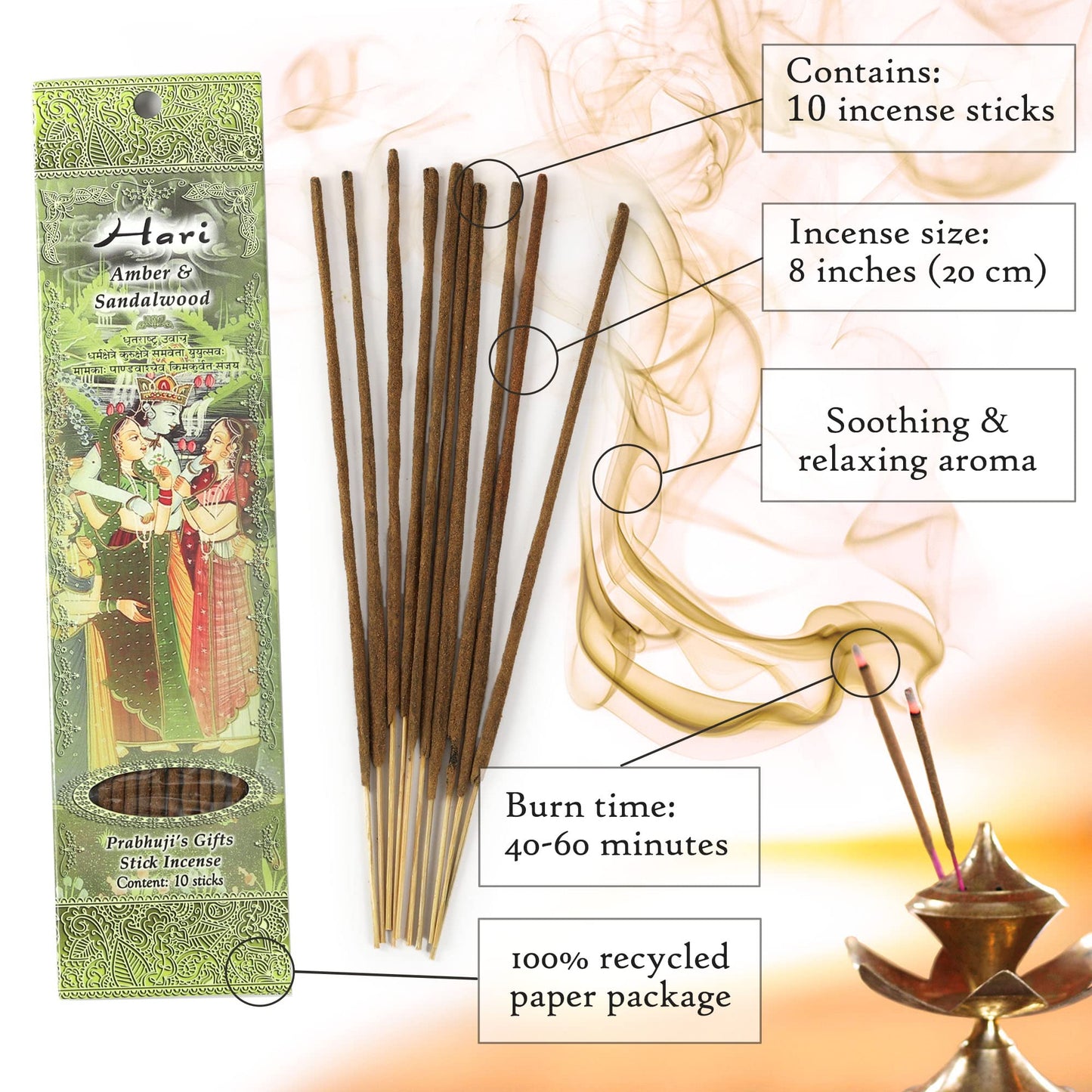 Prabhuji's Gifts Hari Hand-Rolled Spiritual Incense Sticks from India - Aromatic Sticks - for Meditation, Yoga, Relaxation, & Aromatherapy Incense - Amber and Sandalwood - 3 Packs of 10 Sticks