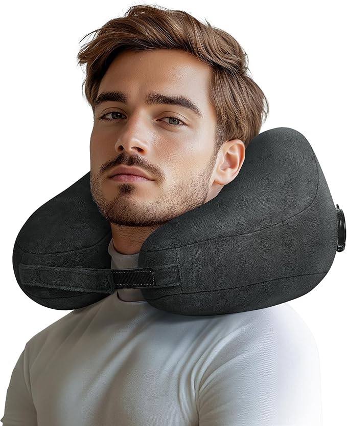 Travel Pillow Inflatable Neck Pillow Airplane Pillow with Velvet Cover Inflatable Pillow for Car/Train/Plane (Black, M)