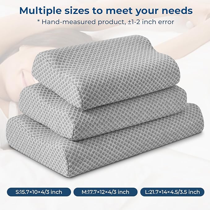 Travel Pillow Memory Foam Pillows, Ergonomic Wave Cervical Neck Pillow for Neck Pain Relief, Compressible Medium Firm Side Sleeper Pillow, Ideal for Camping, Office, Home & Bed (Light Grey, M)