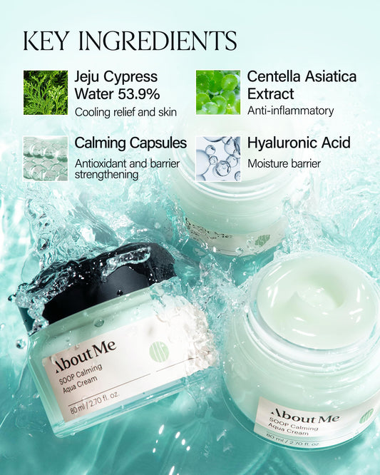 About Me SOOP Calming Aqua Cream – Korean 77.7% Jeju Cypress Water 100 Hour Moisture Cream for Sensitive Acne Skin – Daily Jelly Texture with Niacinamide – Korean Skin Care – 2.87oz, 85ml