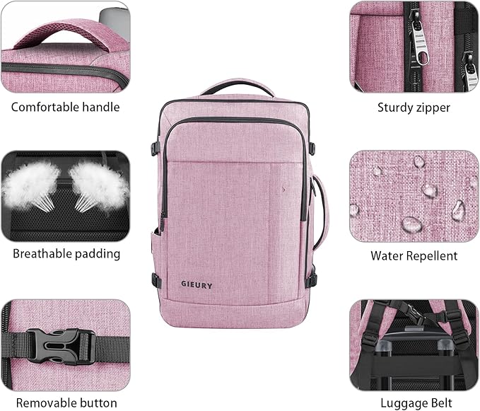 Carry On Backpack, 40-50L Travel Backpack for Men & Women, Expandable Backpack For Airplanes, 17 Inch Laptop Backpack, Luggage Suitcase 40L Daypack Lightweight Business Weekender Bag, Light Pink