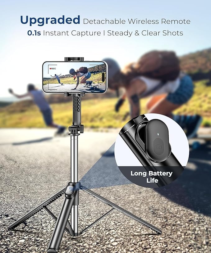 67‘’ Selfie Stick Travel Tripod, Extendable Tripod for iPhone with Wireless Remote Control and Phone Holder, iPhone Stand for Photograph, Compatible with All Cell Phones, Black