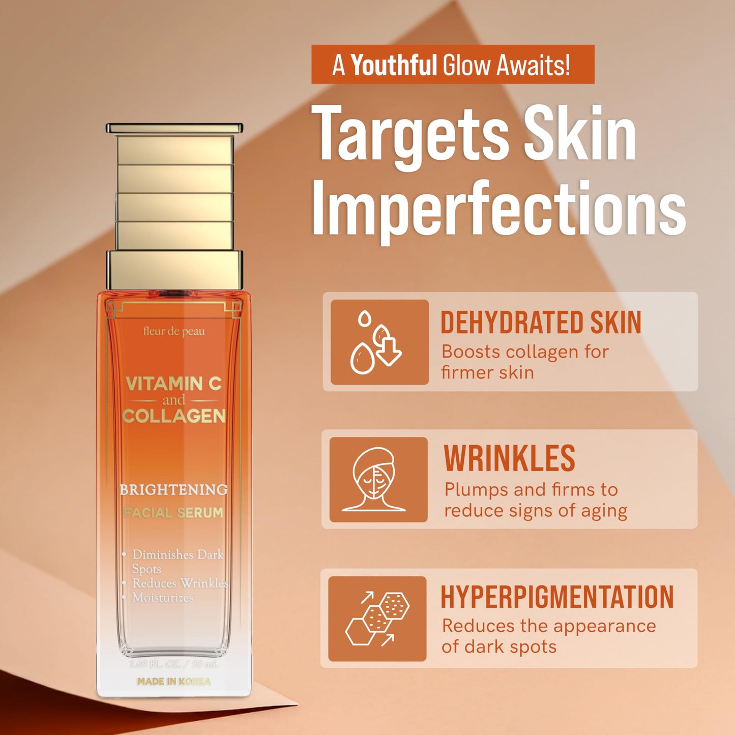 Fleur De Peau Vitamin C Serum For Face With Collagen – Dermatologist Tested, Anti-Aging, Brightning, Reduces Fine Lines, Improves Radiance & Skin Texture – 95% Natural, Clean Beauty – Korean Skin Care