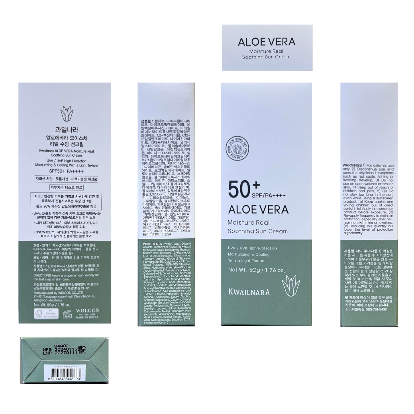 WELCOS KWAILNARA Aloe Vera Moisture Real Soothing Sun Cream | Hydrating | Non Nano and No Greasy | Korean Skin Care for Ultimate Sun Protection & Hydration | 50g / 1.76oz