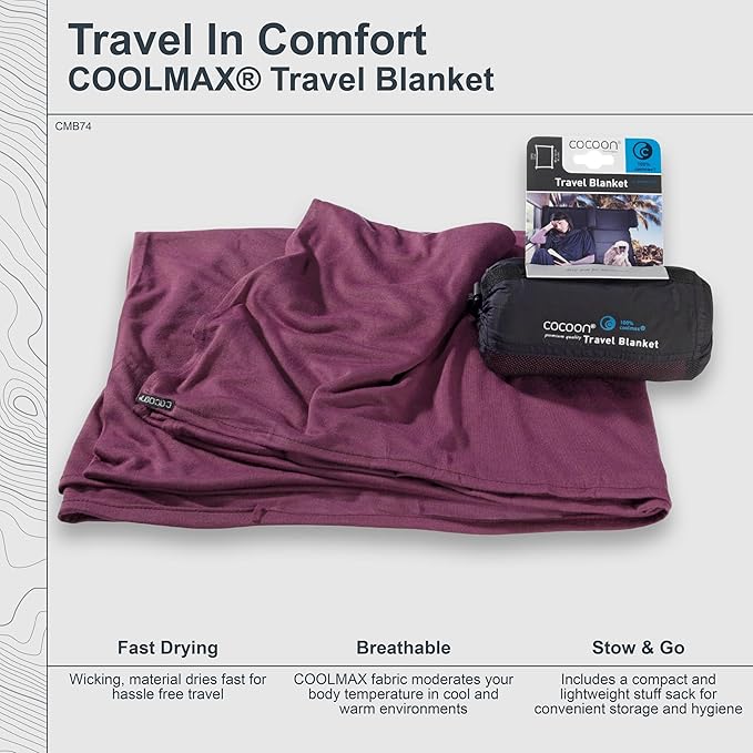 cocoon - Coolmax Travel Blanket | Compact Throw Blanket for Camping and Hiking | Fits in Backpack | Attaches to Luggage | Travel Essential | Fast Drying (Regular 70" x 55")