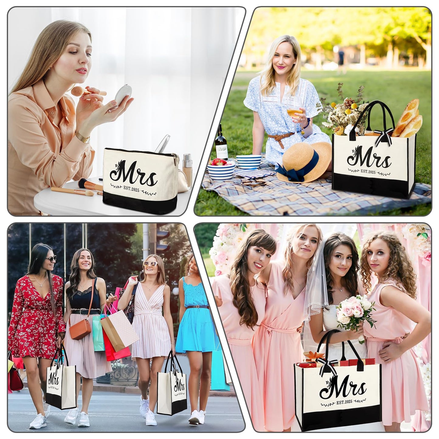 Vanqruo Mrs 2025 Bride Canvas Tote Bag with Makeup Bag, Wedding Gifts for Bridal Shower Bachelorette Party Engagement Honeymoon, Miss to Mrs, Bride to Be Gifts