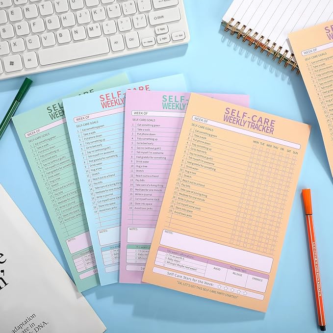 Cholemy 4 Pcs 240 Sheet Daily Checklist Weekly Tracker Pad 6 x 9 Inch Undated Notepad Productivity Schedule for Organizing Goals Mental Health Wellness Meal Prep Planner, 4 Colors (Self Care)