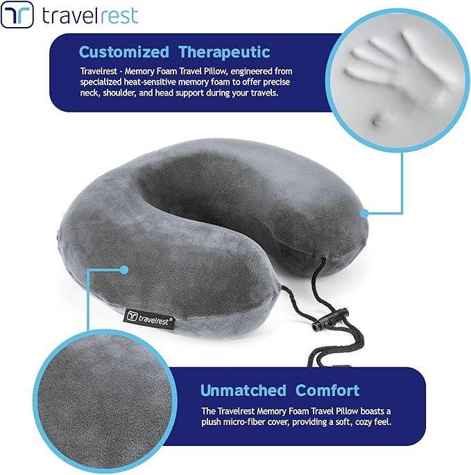 TRAVELREST Travel Essential Neck Pillow - Memory Foam, Washable Micro-Fiber Cover, Soft and Comfortable Head Support for Long Flights, Compact, Attaches to Luggage, Airplanes, Cars, Bus - (Grey, Curl)