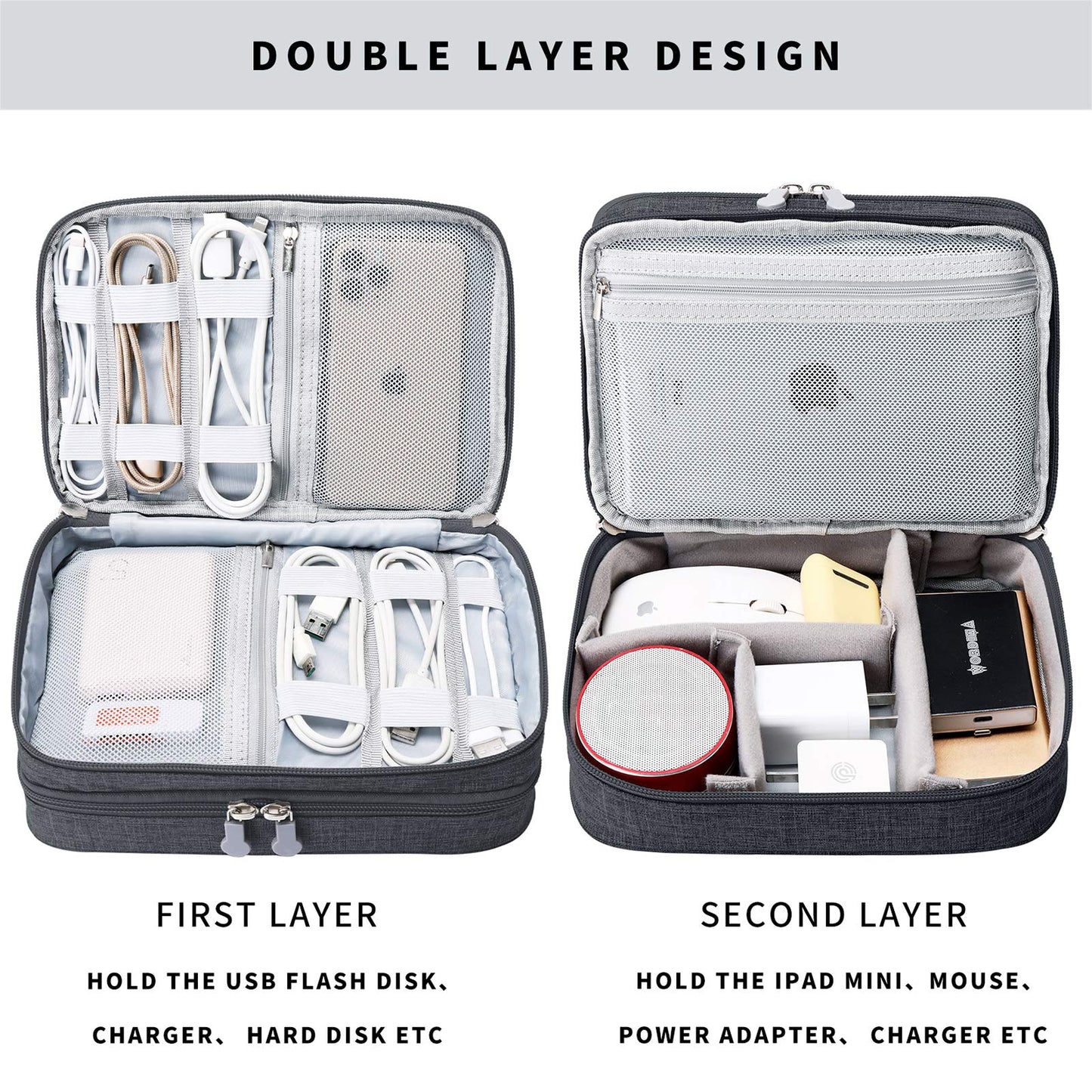 Lanola Travel Cable Organizer Bag, Electronic Accessories Case Portable Double Layer Cable Storage Bag for Cord,phone,Charger, Flash Drive, Phone, SD Card,Personal Items - (Black)