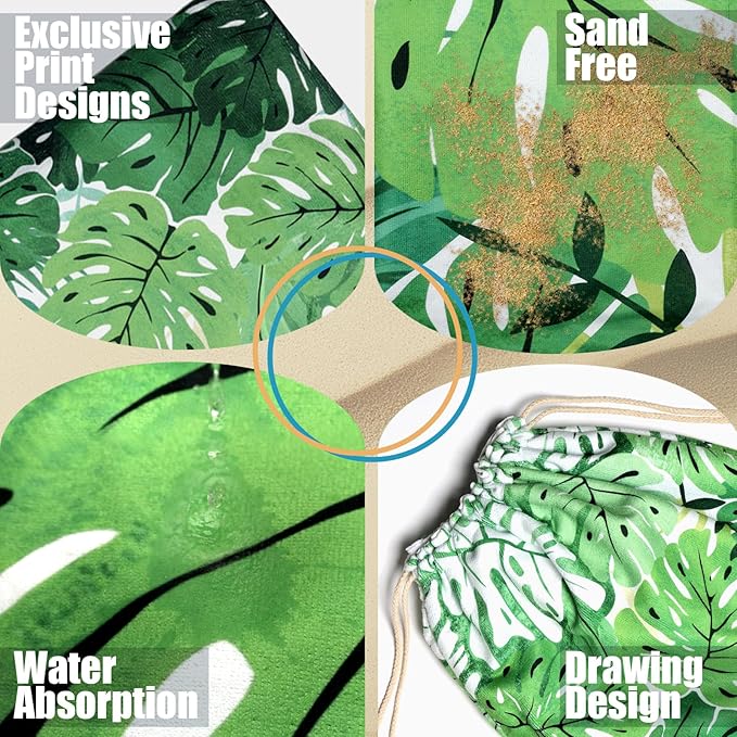 2 in 1 Packable Towel Bag - Summer Tropical Beach Blanket Backpack Green Travel Picnic Towel for Family Holiday Camping