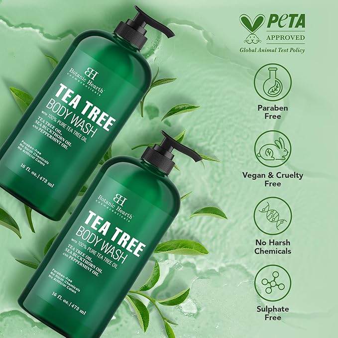 Botanic Hearth Tea Tree Body Wash | 16 Fl Oz | Helps Soothe Itchy, Dry Skin, Antifugal Body Wash With 100% Pure Tea Tree Oil | Sulfate Free, Paraben Free, For Men And Women Set Of 2
