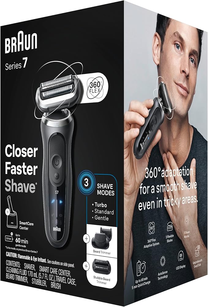 Braun Electric Shaver for Men, Series 7 7185cc, Waterproof, Wet & Dry Shave, Shaving Kit with SmartCare Center and Beard Trimmer, 3 Shave Modes, 60 Minute Battery Runtime, 10 Piece Set