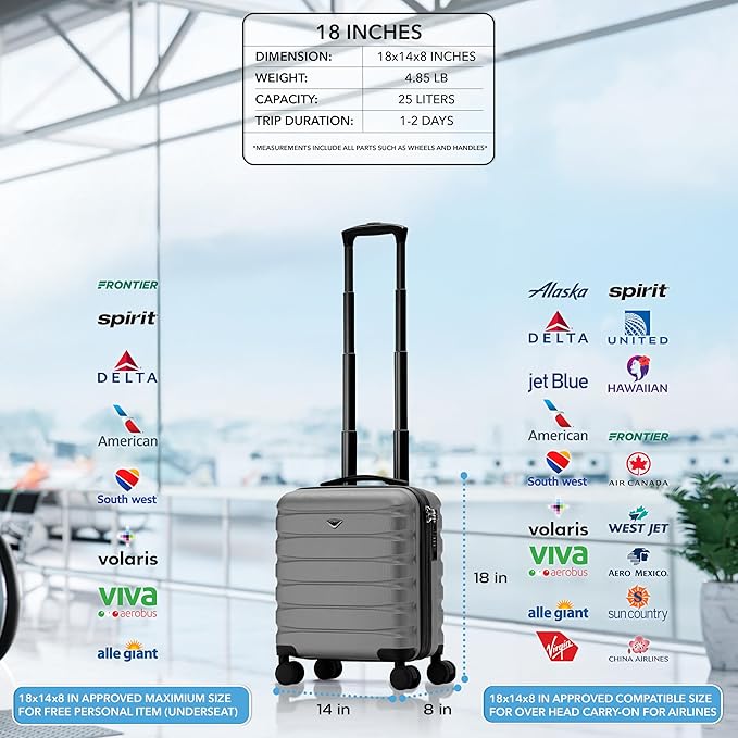 Carry On Suitcase Hardside Built In TSA Lock & USB Port Silent Double Spinner Wheels Maximum Underseat Carry-On Bag For American & United Approved Airlines( 18x14x8" ,Charcoal )