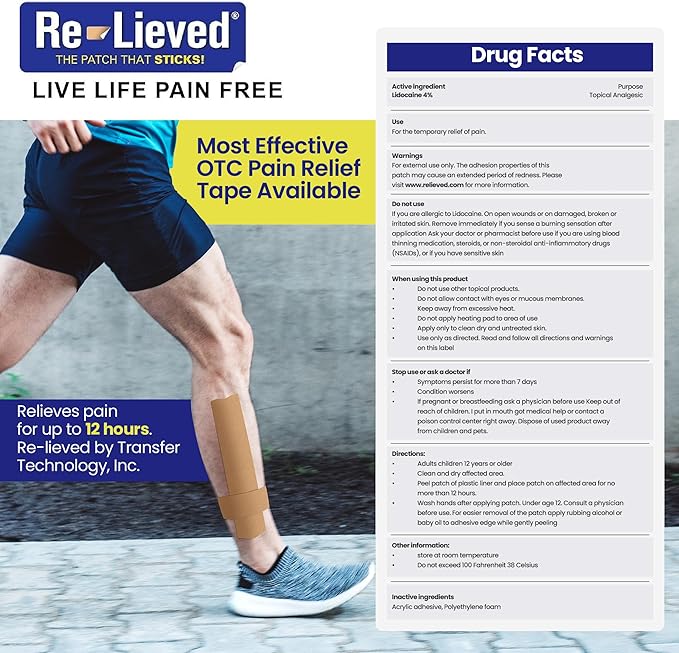 4% Lidocaine Maximum Strength Pain Relief Kinesiology Tape - Relieves Back, Joints and Muscle Pains - Superior Sticking, Aluminum-Free Water Resistant, and USA Made - 2" x 10" Strips (20 Pcs)