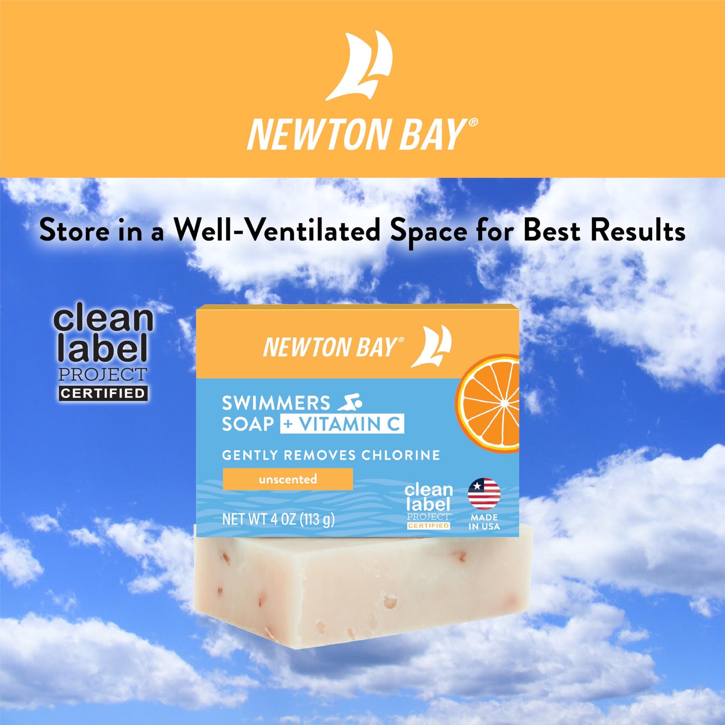 Newton Bay Swimmers Soap + Vitamin C | All Natural Body and Face Wash Soap Bar | Neutralizes and Washes Away Chlorine After Swimming | Revitalizes Sensitive Skin | Single 4 Ounce Soap Bar