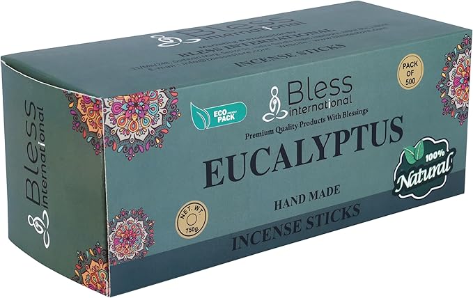 Bless-Eucalyptus 100%-Natural-Handmade-Hand-Dipped-Incense Organic-Chemicals-Charcoal-Free Purification-Relaxation-Positivity-Yoga-Meditation Best-Woods-Scent (500 Sticks(26 OZ))