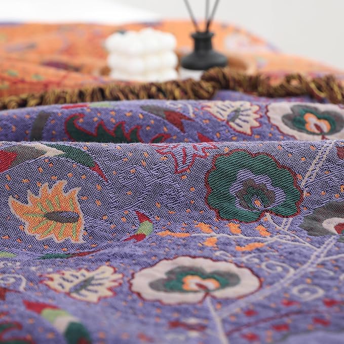 Boho Throw Blanket for Bed 100% Cotton Ultra Soft Rustic Quilt Farmhouse Decor Bed Fall Blanket,All Season Rustic Throw for Sofa Couch Chair (Flower-Purple, 80"×90")