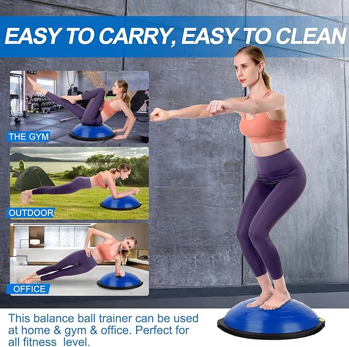 25in Half Balance Ball - 1500lb Heavy Duty Wobble Board Trainer for Core Strength & Stability, Non-Slip Yoga Ball with Resistance Bands & Pump - Home Gym Equipment for Balance Training, Yoga & Physical Therapy