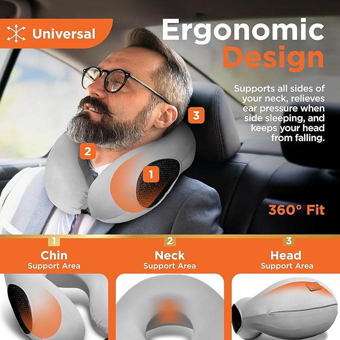 BLACK+DECKER Memory Foam Travel Neck Pillow Travel Pillow for Plane, Car & Train| Ice Silk Cooling Fabric, Ergonomic Design, Neck Support, Washable Cover,Grey