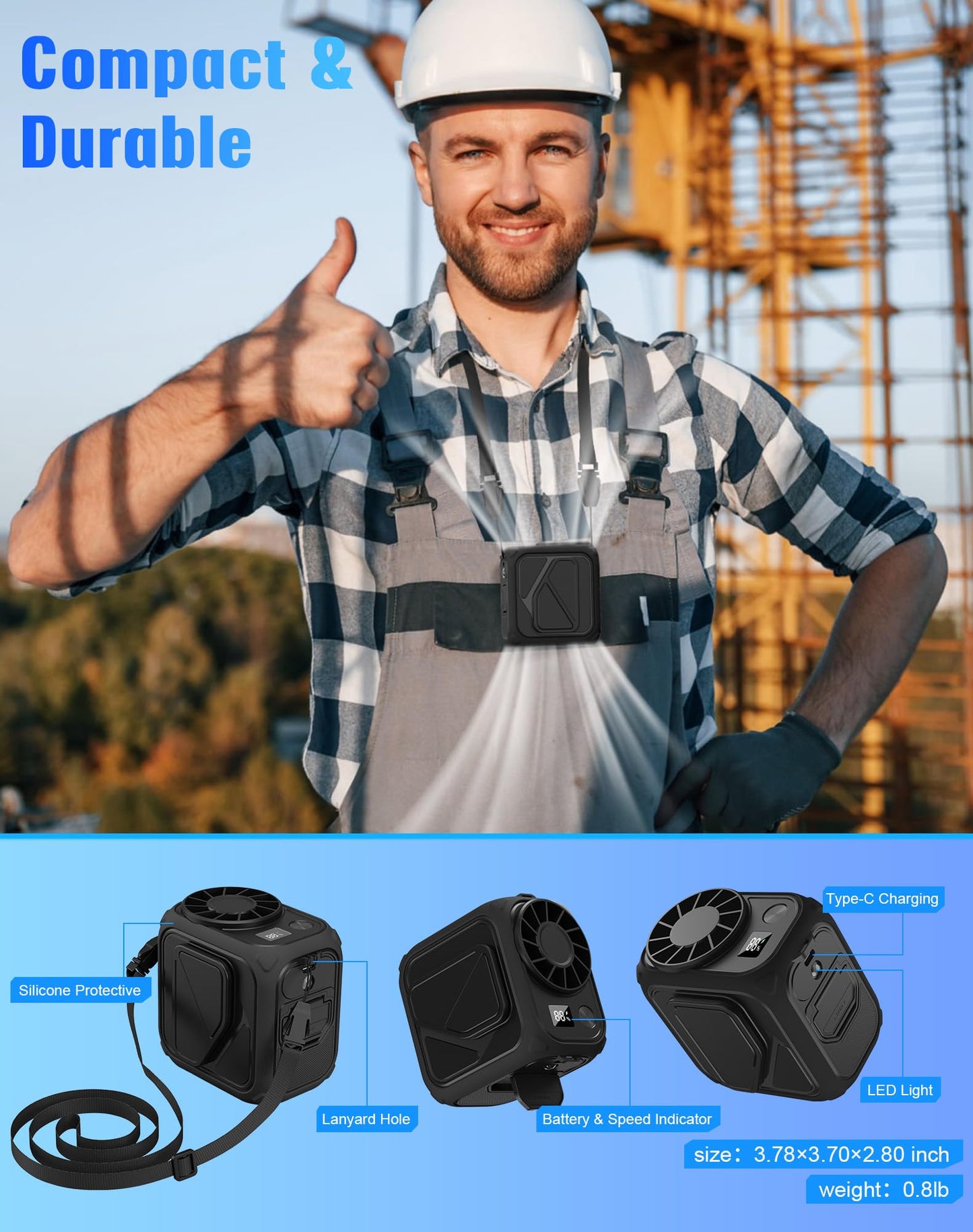Portable Waist Fan Rechargeable,10000mAh Mini Neck Fan With AI Chip,5 Speeds Strong Airflow,Max 20H Working Time,LED Light,Personal Clip Belt Fan for Outdoor,Traveling,Jobsite(Black).
