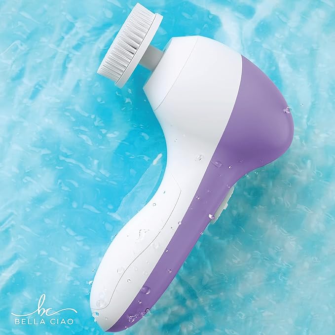 Bella Ciao 6-Piece Facial Cleansing and Exfoliating Set with Soft Facial Brush, Rolling Massager Head, Latex Sponge, Makeup Sponge, and Callus-Remover Disc, Batteries Not Included, Lavender